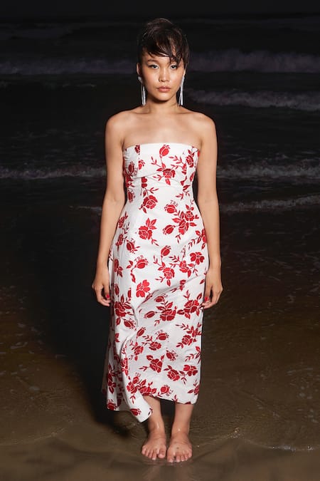 Therealb_White 100% Milk Floral Motifs One Shoulder Embroidered Tube Dress_Online_at_Aza_Fashions