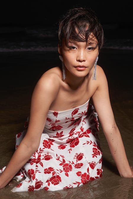 Shop_Therealb_White 100% Milk Floral Motifs One Shoulder Embroidered Tube Dress_Online_at_Aza_Fashions