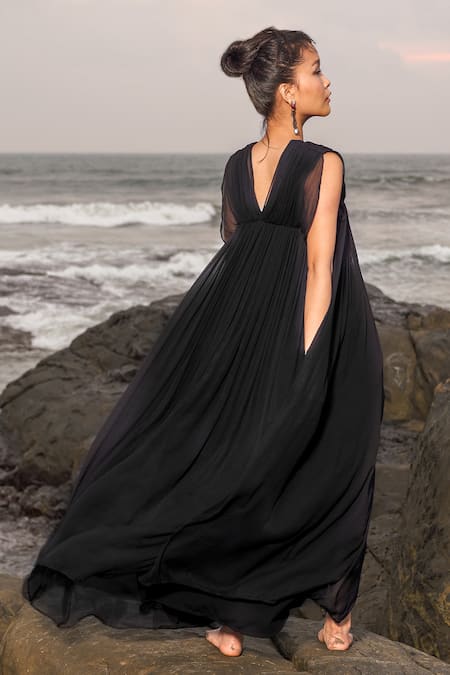 Shop Therealb Black 100% Chiffon V Neck Pleated Gown at Aza Fashions Shop_Therealb_Black 100% Chiffon V Neck Pleated Gown_at_Aza_Fashions