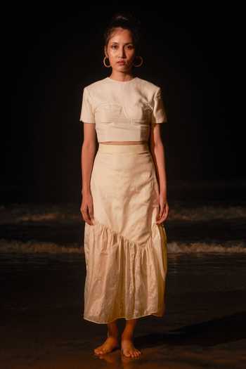Therealb_White 100% Mulberry Silk Ruffle Skirt_Online_at_Aza_Fashions