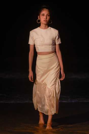 Buy_Therealb_White 100% Mulberry Silk Ruffle Skirt_Online_at_Aza_Fashions