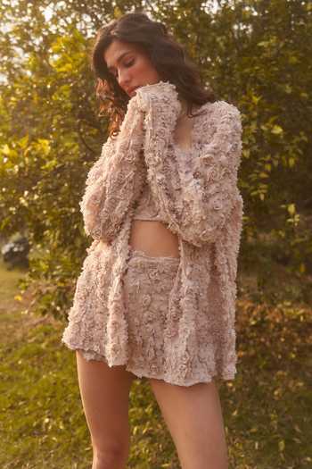 Therealb Beige Polyester Elle Rosette Pattern Shorts Set Online at Aza Fashions Therealb_Beige Polyester Elle Rosette Pattern Shorts Set_Online_at_Aza_Fashions