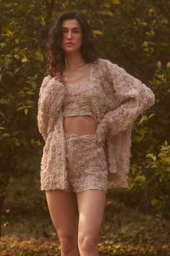 Buy Therealb Beige Polyester Elle Rosette Pattern Shorts Set at Aza Fashions Buy_Therealb_Beige Polyester Elle Rosette Pattern Shorts Set_at_Aza_Fashions