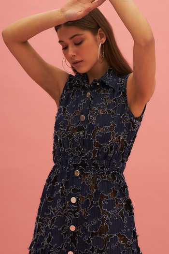 Therealb_Blue Cotton, Polyester Abstract Motifs Collared Midnight Wine Gathered Dress _Online_at_Aza_Fashions