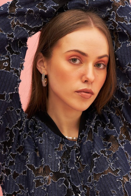 Buy_Therealb_Blue Cotton, Polyester V Neck Dark Reiter Pleated Jacket And Skirt Set_Online_at_Aza_Fashions