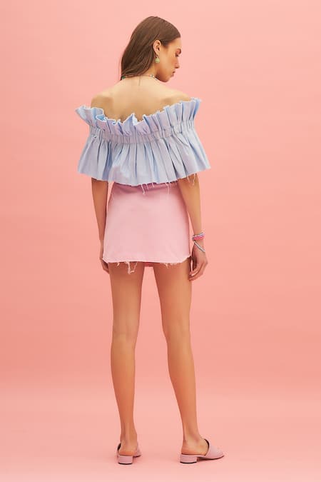 Shop Therealb Blue 100% Cotton One Shoulder Waterfall Mist Pleated Tube Top at Aza Fashions Shop_Therealb_Blue 100% Cotton One Shoulder Waterfall Mist Pleated Tube Top_at_Aza_Fashions