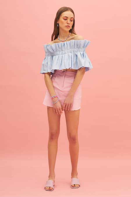 Therealb Blue 100% Cotton One Shoulder Waterfall Mist Pleated Tube Top Online at Aza Fashions Therealb_Blue 100% Cotton One Shoulder Waterfall Mist Pleated Tube Top_Online_at_Aza_Fashions