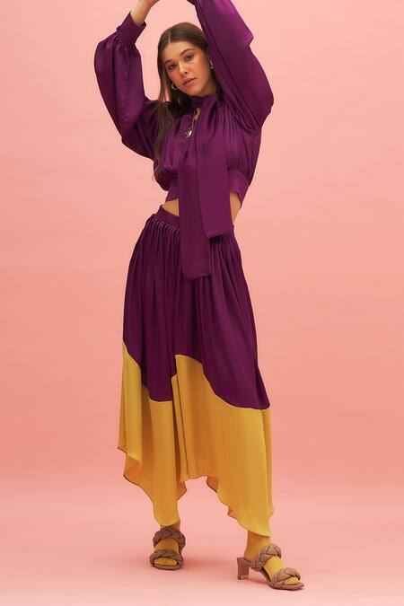 Therealb_Purple 100% Polyester Tie-up Pansy Satin Collared Blouse_Online_at_Aza_Fashions