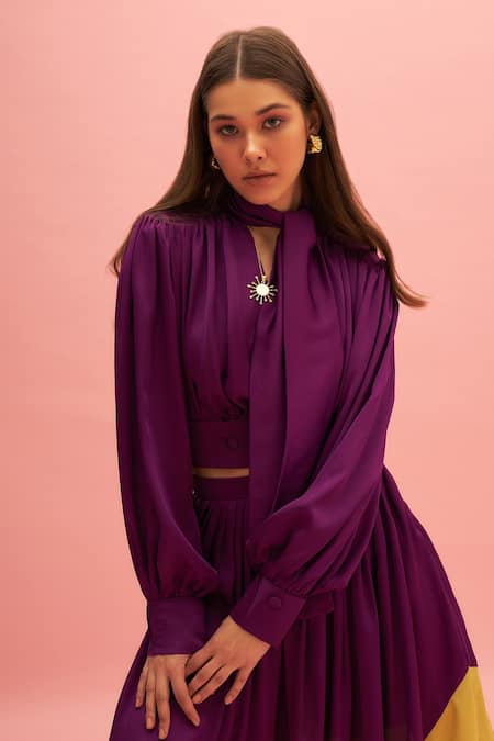 Buy_Therealb_Purple 100% Polyester Tie-up Pansy Satin Collared Blouse_Online_at_Aza_Fashions