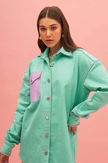 Therealb_Green 100% Cotton Beads Collared Neck Freesia Embellished Shirt Dress _Online_at_Aza_Fashions