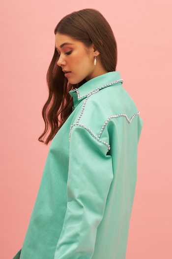 Buy_Therealb_Green 100% Cotton Beads Collared Neck Freesia Embellished Shirt Dress _Online_at_Aza_Fashions