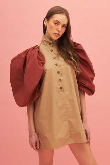 Therealb_Beige 100% Cotton High Neck Summer Chocolated Dress _Online_at_Aza_Fashions