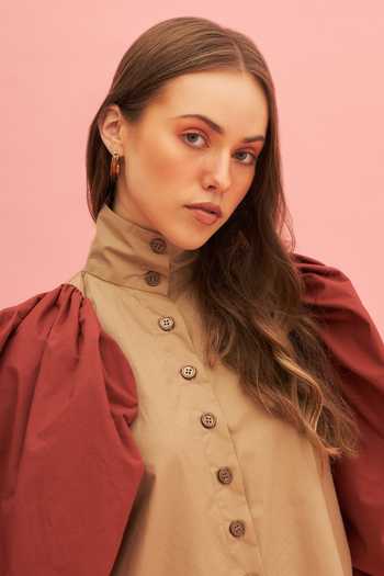 Buy_Therealb_Beige 100% Cotton High Neck Summer Chocolated Dress _Online_at_Aza_Fashions