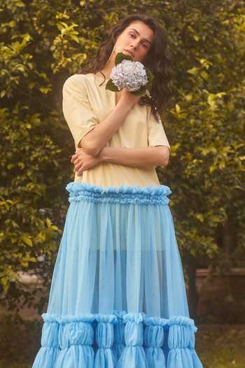 Therealb_Beige Cotton, Viscose Round Forget Me Not Ruffle Dress _Online_at_Aza_Fashions