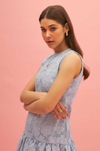 Shop_Therealb_Blue 100% Polyester Floral Motifs Round Desert Bluebell Gathered Dress _Online_at_Aza_Fashions