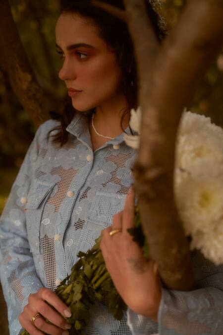 Therealb_Blue 100% Polyester Floral Motifs Collared Neck Bluebird Flower Cut-out Pant Set_Online_at_Aza_Fashions