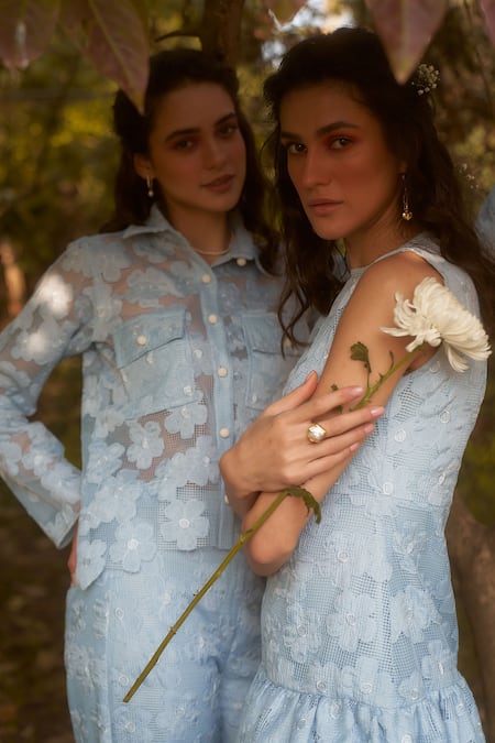 Buy_Therealb_Blue 100% Polyester Floral Motifs Collared Neck Bluebird Flower Cut-out Pant Set_Online_at_Aza_Fashions