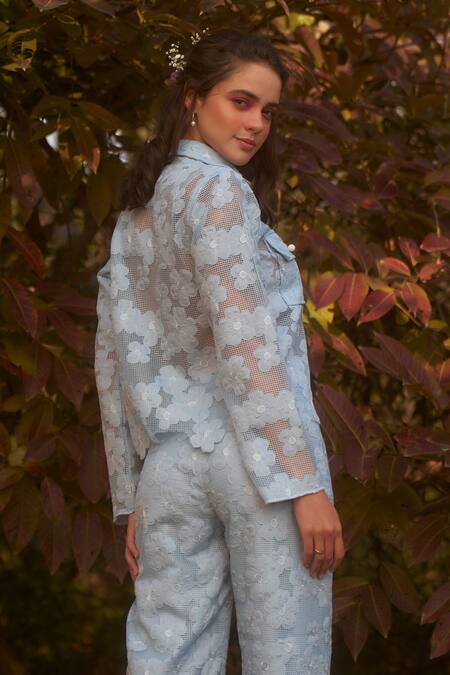 Shop_Therealb_Blue 100% Polyester Floral Motifs Collared Neck Bluebird Flower Cut-out Pant Set_Online_at_Aza_Fashions