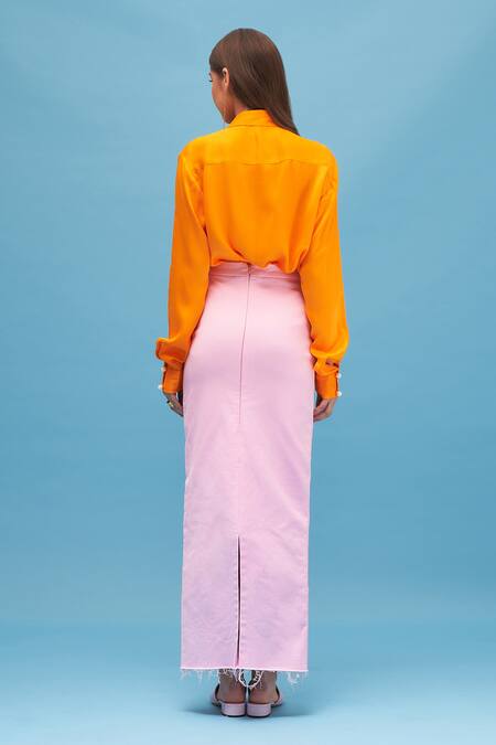 Shop_TheRealB_Pink 100% Cotton Plain Begonia Layered Jeans Skirt _at_Aza_Fashions