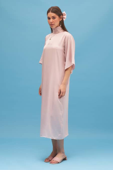 Therealb Pink 100% Polyester High Neck Fox Glove Dress Online at Aza Fashions Therealb_Pink 100% Polyester High Neck Fox Glove Dress_Online_at_Aza_Fashions