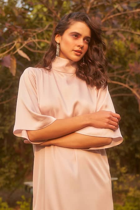 Shop Therealb Pink 100% Polyester High Neck Fox Glove Dress Online at Aza Fashions Shop_Therealb_Pink 100% Polyester High Neck Fox Glove Dress_Online_at_Aza_Fashions