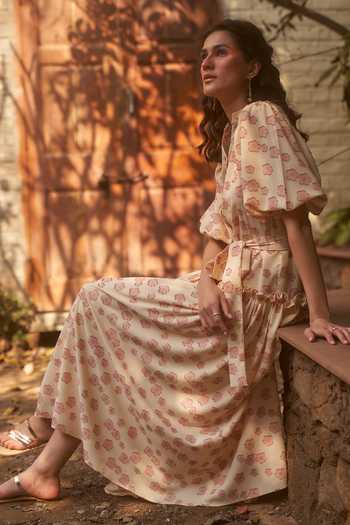 Therealb_Yellow 100% Polyester Floral Motifs Band Collar Yarrow Jacquard Maxi Dress _Online_at_Aza_Fashions