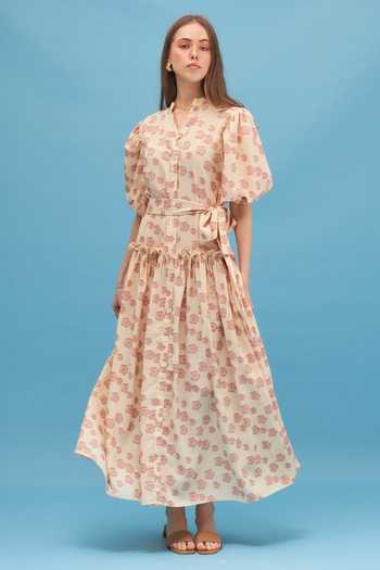 Buy_Therealb_Yellow 100% Polyester Floral Motifs Band Collar Yarrow Jacquard Maxi Dress _Online_at_Aza_Fashions