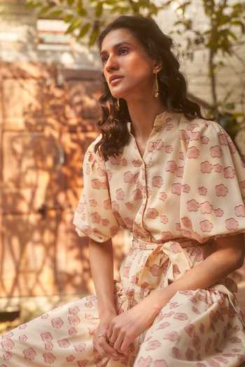 Shop_Therealb_Yellow 100% Polyester Floral Motifs Band Collar Yarrow Jacquard Maxi Dress _Online_at_Aza_Fashions