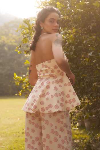 Therealb Yellow 100% Polyester Floral Motifs Straight Cherry Blossom Tube Top And Pant Set at Aza Fashions Therealb_Yellow 100% Polyester Floral Motifs Straight Cherry Blossom Tube Top And Pant Set _at_Aza_Fashions