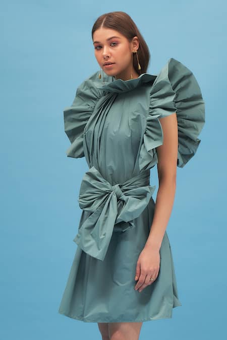 Therealb_Green Moonglow Gathered Ruffle Dress_Online_at_Aza_Fashions