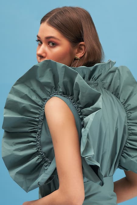 Therealb_Green Moonglow Gathered Ruffle Dress_at_Aza_Fashions