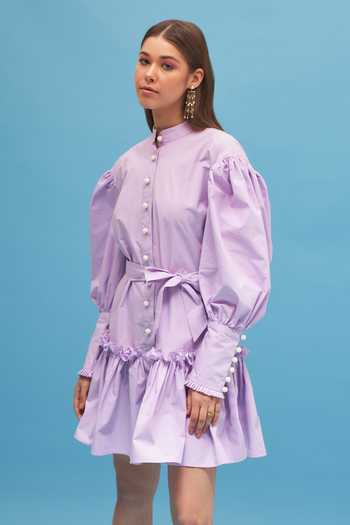 Therealb_Purple 100% Cotton Band Collar Aster Ruffle Dress _Online_at_Aza_Fashions