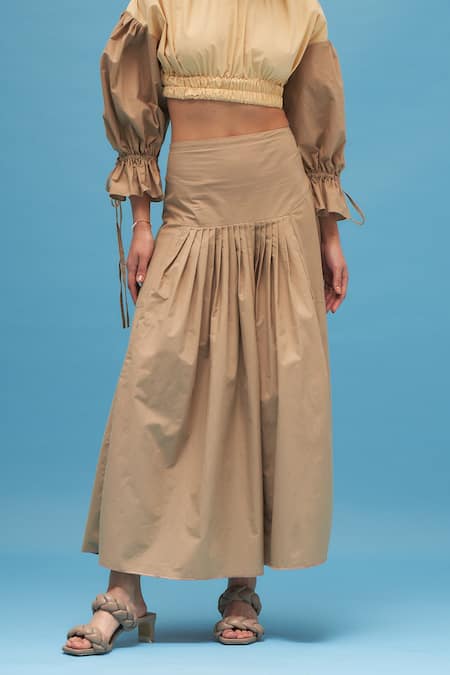 Therealb_Beige 100% Cotton Quicksand Pleated Skirt_Online_at_Aza_Fashions