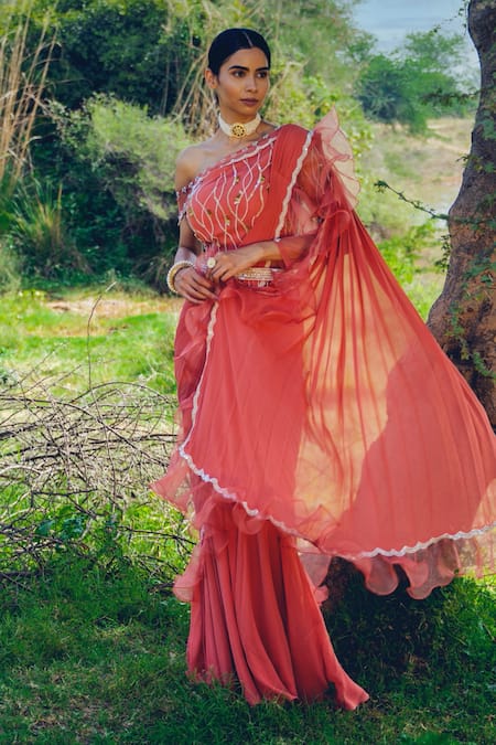 Shop_Nayna Kapoor_Red Organza, Net, Georgette, Satin Bead Ruffle Pre-draped Saree With Blouse _at_Aza_Fashions