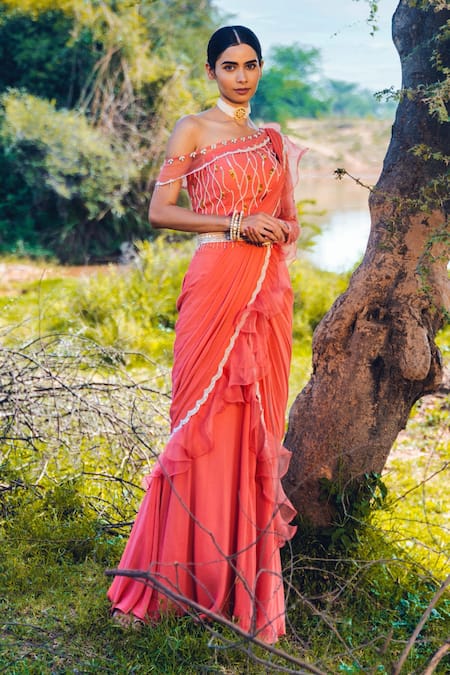 Shop_Nayna Kapoor_Red Organza, Net, Georgette, Satin Bead Ruffle Pre-draped Saree With Blouse _Online_at_Aza_Fashions