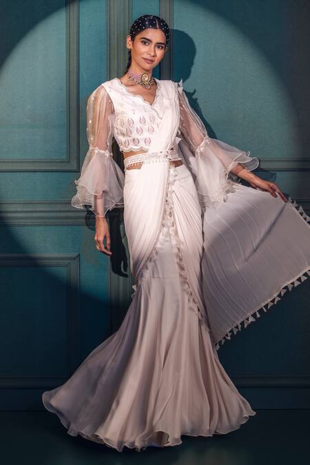 Nayna Kapoor_White Organza, Net, Georgette, Satin Bead Tassel Pre-draped Saree With Blouse _Online_at_Aza_Fashions