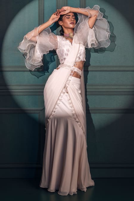Buy_Nayna Kapoor_White Organza, Net, Georgette, Satin Bead Tassel Pre-draped Saree With Blouse _Online_at_Aza_Fashions