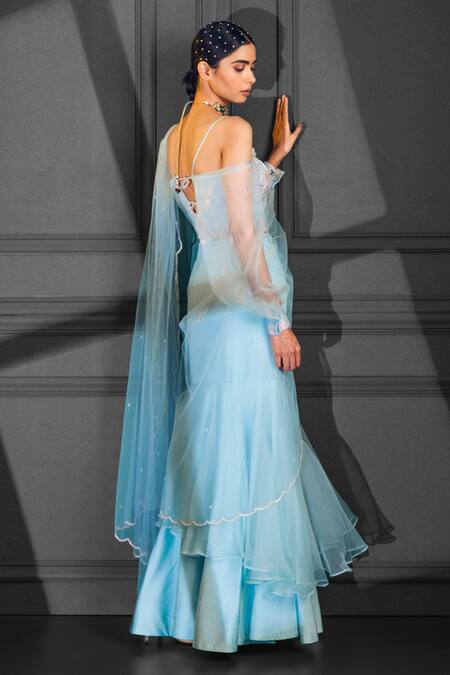 Shop_Nayna Kapoor_Blue Organza, Net, Silk Satin Bead Work, Ruffle Pre-draped Saree With Blouse _at_Aza_Fashions