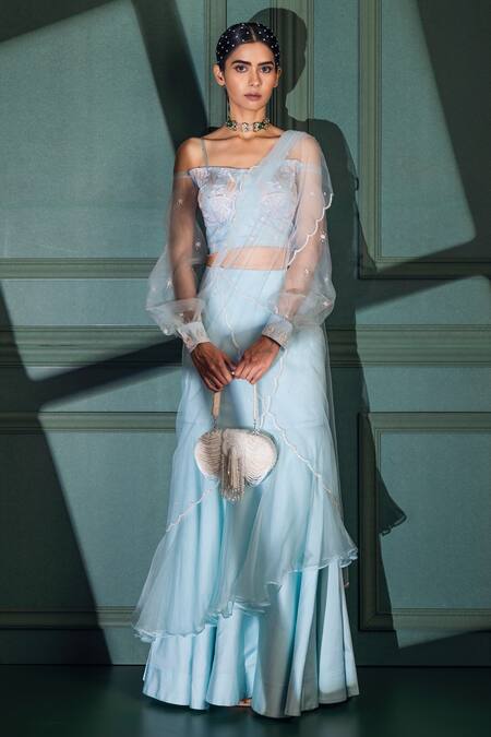 Nayna Kapoor_Blue Organza, Net, Silk Satin Bead Work, Ruffle Pre-draped Saree With Blouse _Online_at_Aza_Fashions