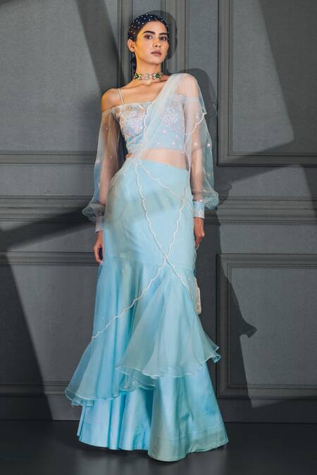 Buy_Nayna Kapoor_Blue Organza, Net, Silk Satin Bead Work, Ruffle Pre-draped Saree With Blouse _Online_at_Aza_Fashions
