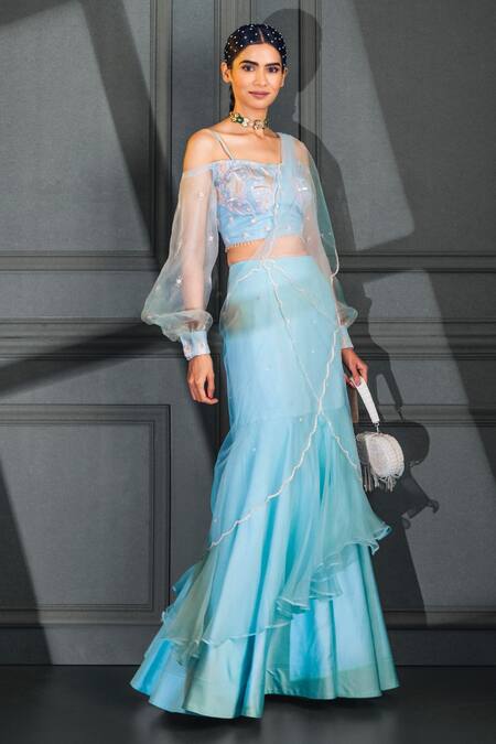 Shop_Nayna Kapoor_Blue Organza, Net, Silk Satin Bead Work, Ruffle Pre-draped Saree With Blouse _Online_at_Aza_Fashions