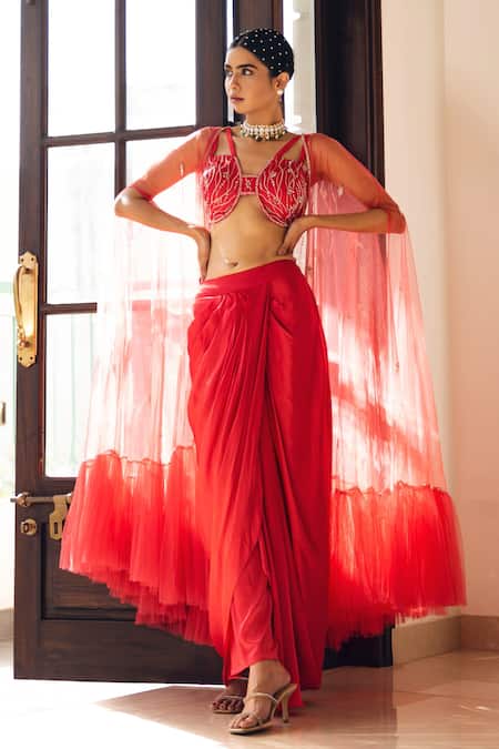 Nayna Kapoor_Red Silk Satin Bead , Thread Blunt Neck Embroidered Cape Draped Skirt _Online_at_Aza_Fashions