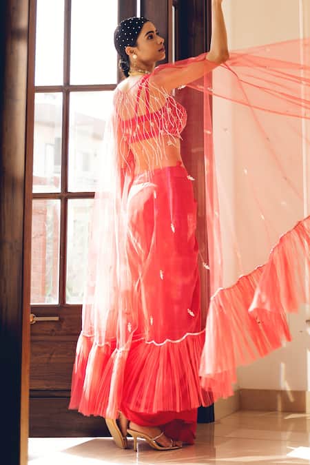 Shop_Nayna Kapoor_Red Silk Satin Bead , Thread Blunt Neck Embroidered Cape Draped Skirt _Online_at_Aza_Fashions
