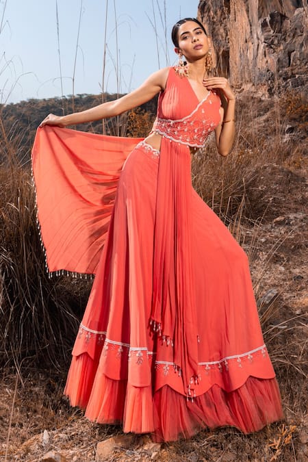 Shop_Nayna Kapoor_Orange Organza, Net, Georgette, Satin Bead Work, Draped Choli And Lehenga Set _at_Aza_Fashions