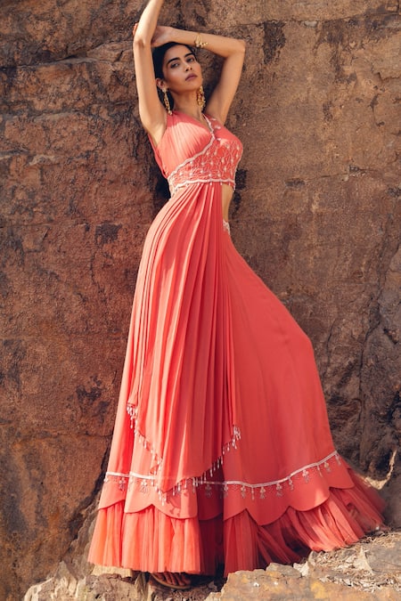 Nayna Kapoor_Orange Organza, Net, Georgette, Satin Bead Work, Draped Choli And Lehenga Set _Online_at_Aza_Fashions