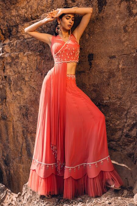 Buy_Nayna Kapoor_Orange Organza, Net, Georgette, Satin Bead Work, Draped Choli And Lehenga Set _Online_at_Aza_Fashions