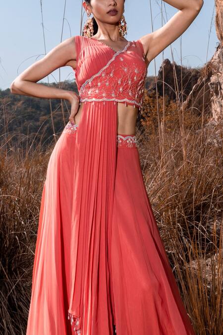 Shop_Nayna Kapoor_Orange Organza, Net, Georgette, Satin Bead Work, Draped Choli And Lehenga Set _Online_at_Aza_Fashions