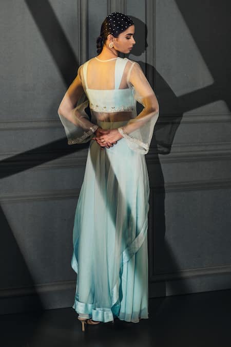 Shop_Nayna Kapoor_Blue Net, Georgette Bead Work, Thread Embroidered Asymmetric Jacket Palazzo Set_at_Aza_Fashions