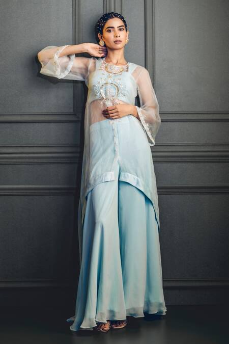 Nayna Kapoor_Blue Net, Georgette Bead Work, Thread Embroidered Asymmetric Jacket Palazzo Set_Online_at_Aza_Fashions