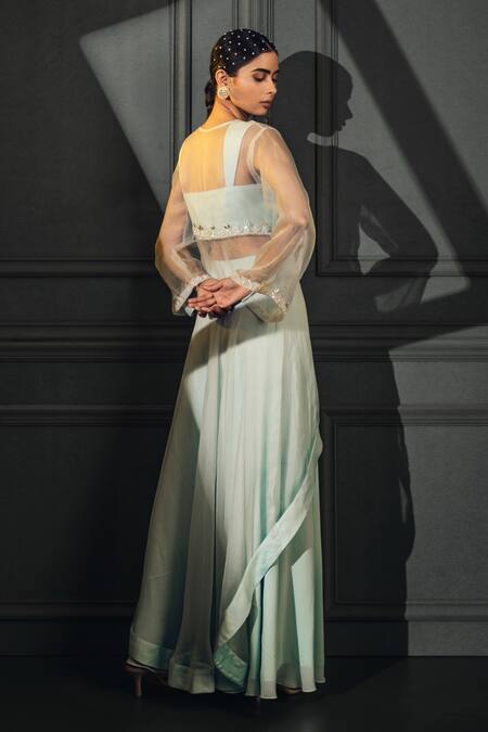 Buy_Nayna Kapoor_Blue Net, Georgette Bead Work, Thread Embroidered Asymmetric Jacket Palazzo Set_Online_at_Aza_Fashions